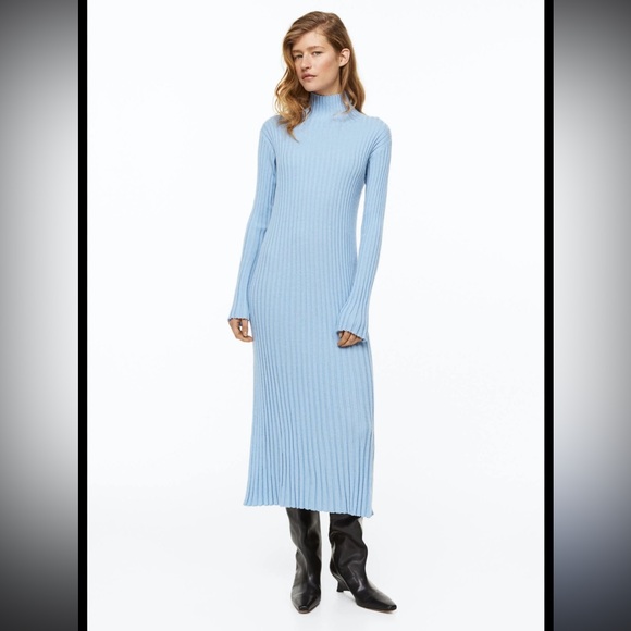 H&M Light Blue 100% Merino Wool Ribbed Turtleneck Dress, Size M - Picture 1 of 16